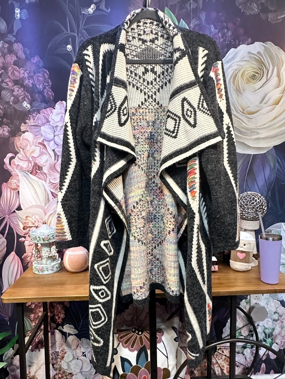 Southwestern L/XL Linen Wool Blanket Cardigan Heavyweight Boho Western Geometric